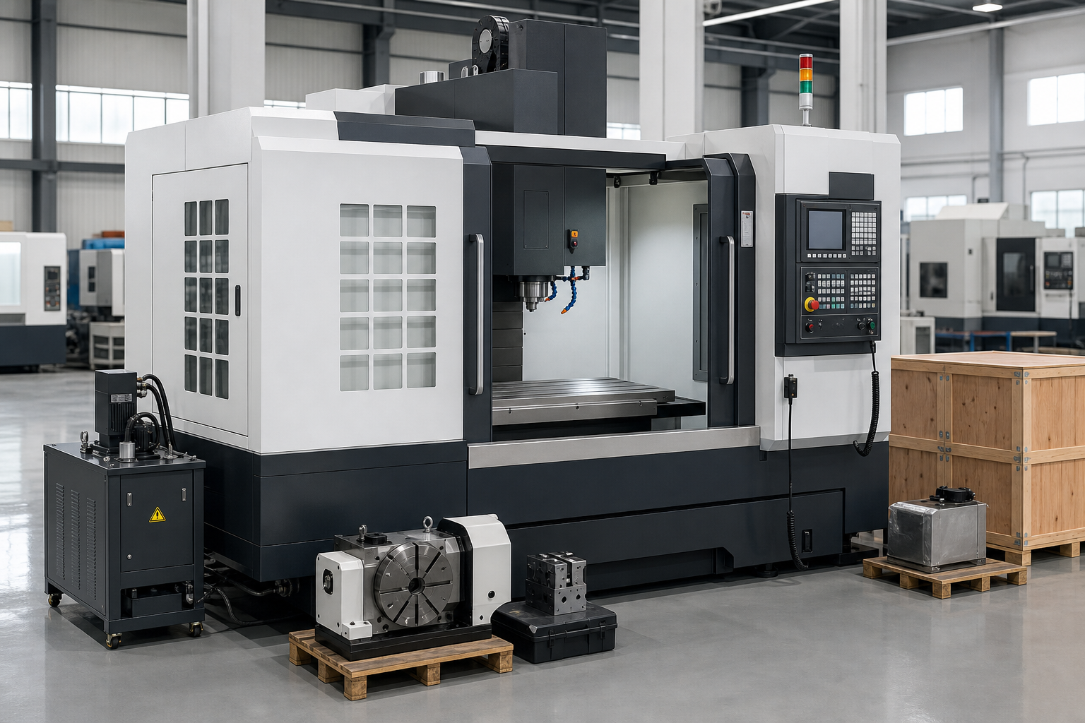 Industrial equipment sourcing and factory evaluation scene without people