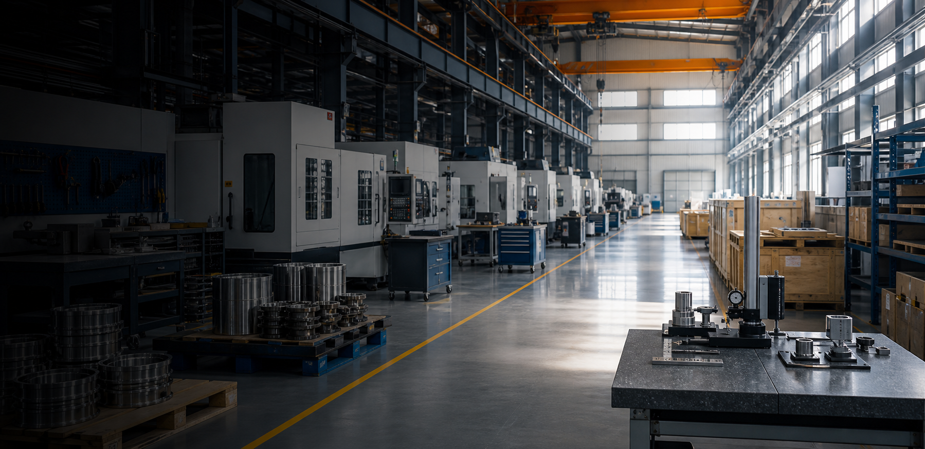 Industrial production floor and export crates without people