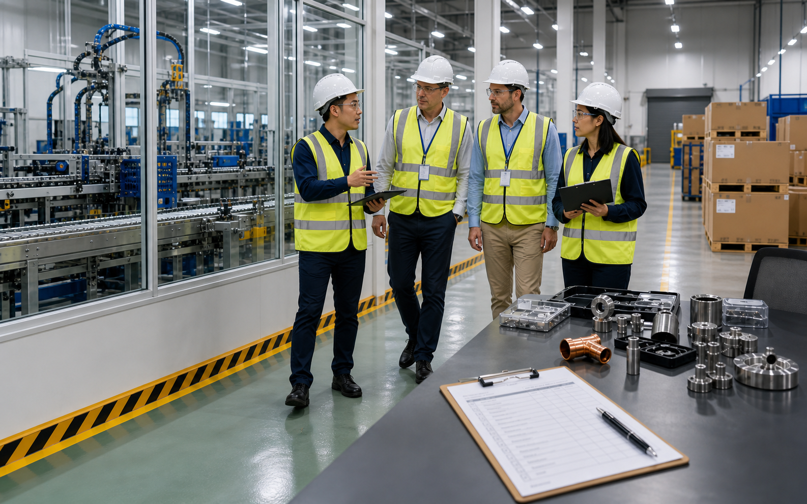 Overseas buyers and Chinese factory representatives visiting a production line